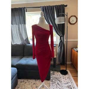 NWT Lulus Authentic Vibe Red Long Sleeve‎ Asymmetrical Midi Dress Size Small